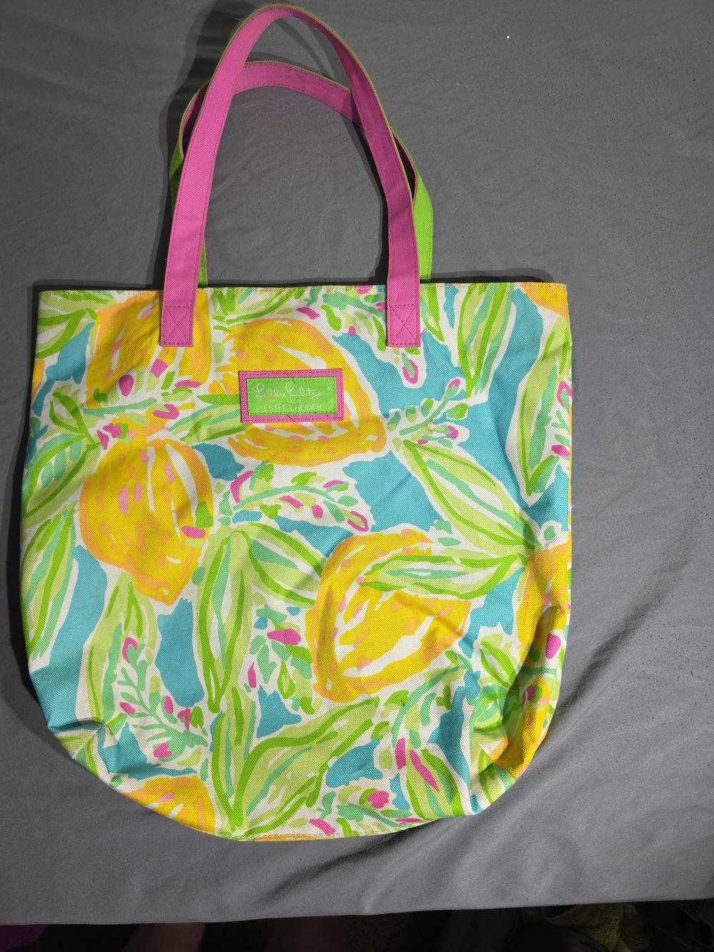 Lilly Pulitzer Colorful Lemon-Print Canvas Tote Bag with Pink Handles